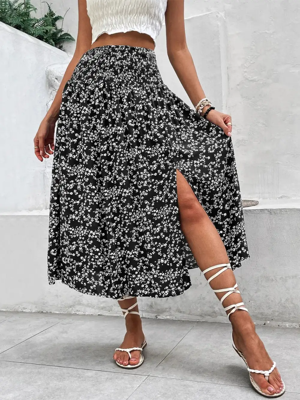 Relaxed Smocked Printed Skirt