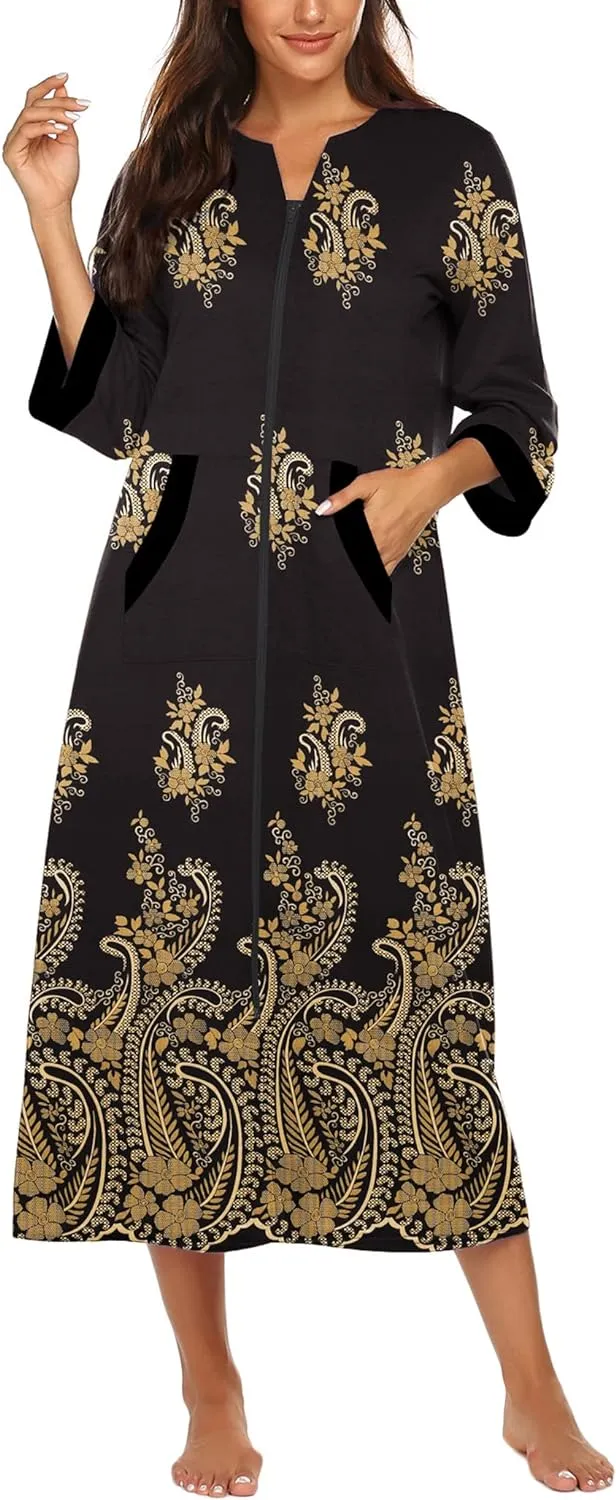 50% OFF Women Zipper Robe 3/4 Sleeves Loungewear Dress Full Length Sleepwear Pockets Housecoat Nightgown Long Bathrobe