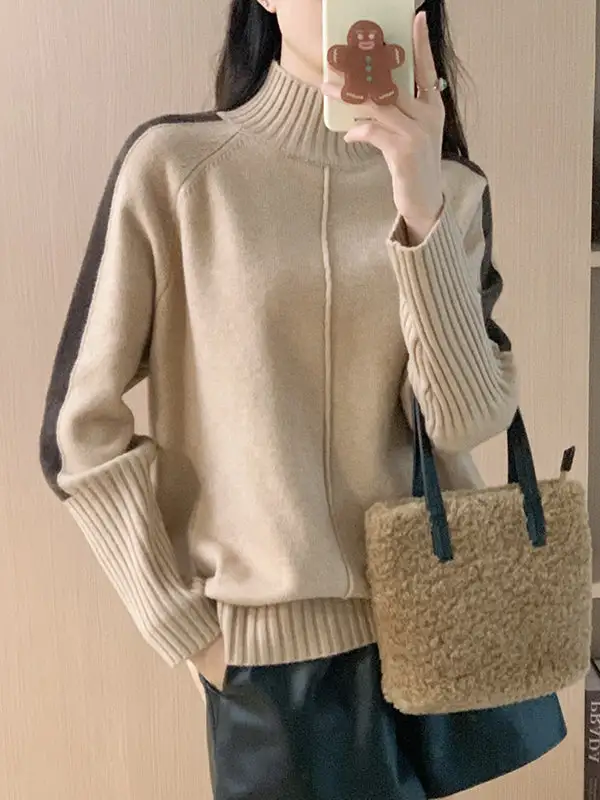 High Low Split Hem Paneled High Neck Long Sleeve Pullover Sweater