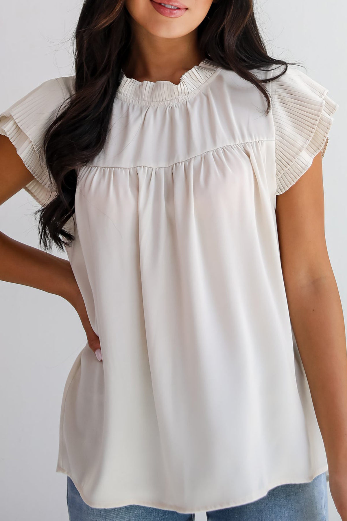 Convincing Aesthetic Cream Ruffle Blouse