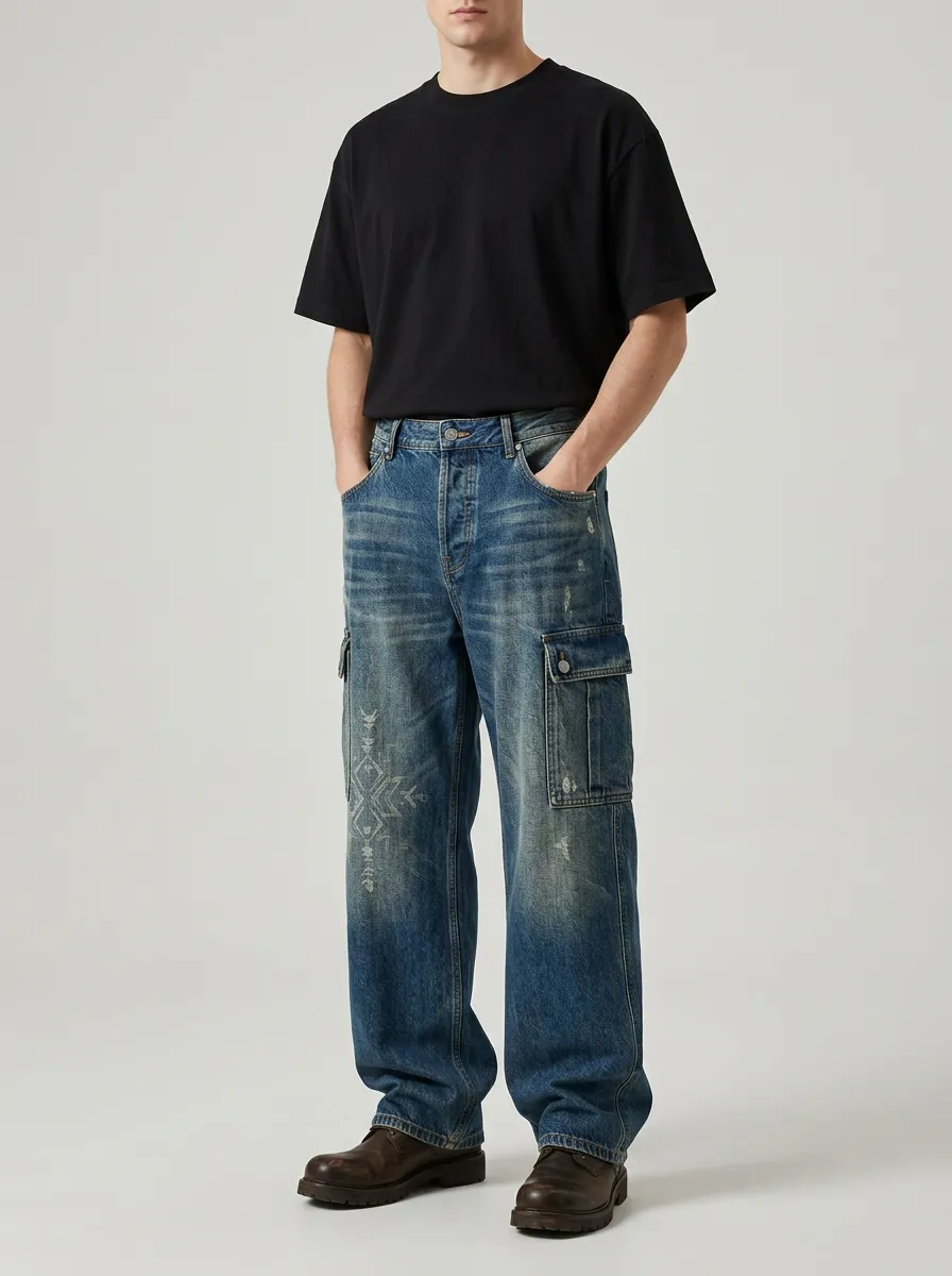 Wide Leg Distressed Finish Vintage-Inspired Men's Loose Fit Jeans