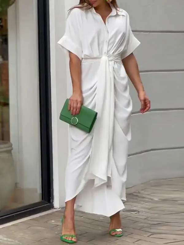 V Neck Pleated Belt Short Sleeve Midi Dress