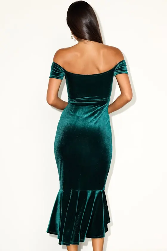 How Much I Care Emerald Green Velvet Off-the-Shoulder Midi Dress