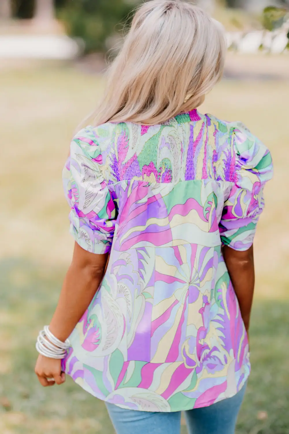Bubble Sleeve Abstract Print Blouse