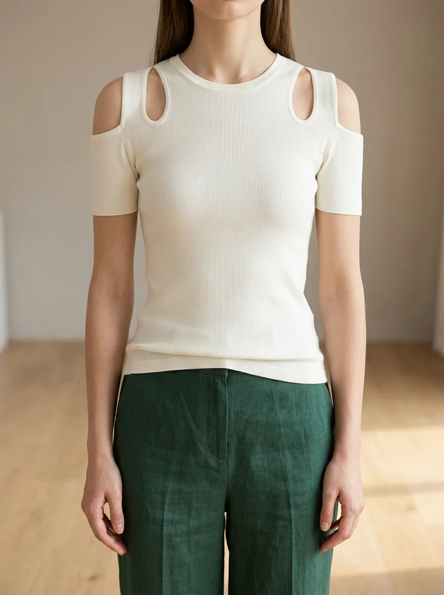 Women's Casual Minimalist White Ribbed Cold Shoulder Top