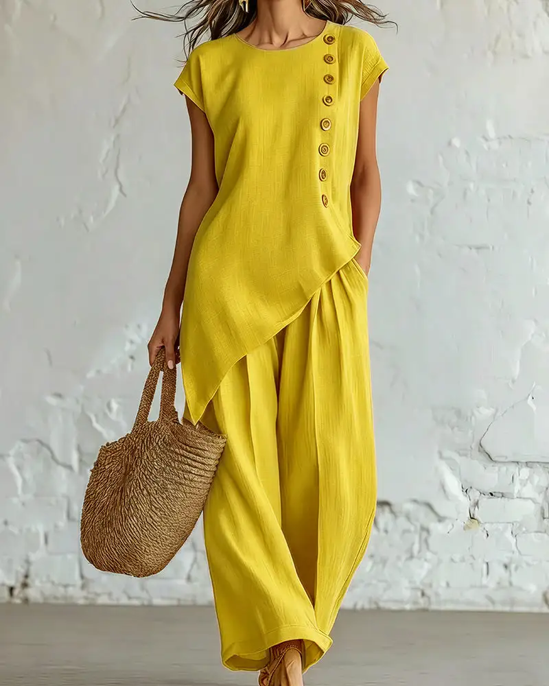 Asymmetrical Button Top and Wide-Leg Pants Lounge Set