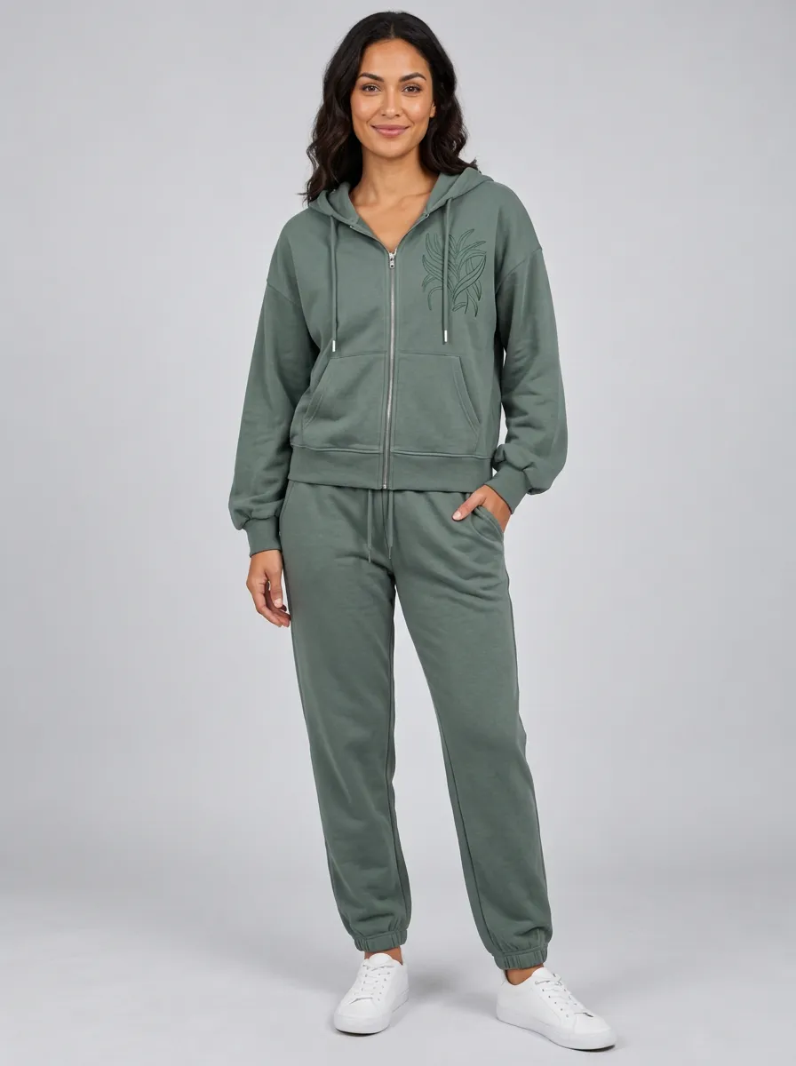 Women's Sage Green Drawstring Hood Zip-Up Hoodie Jacket & Jogger Set