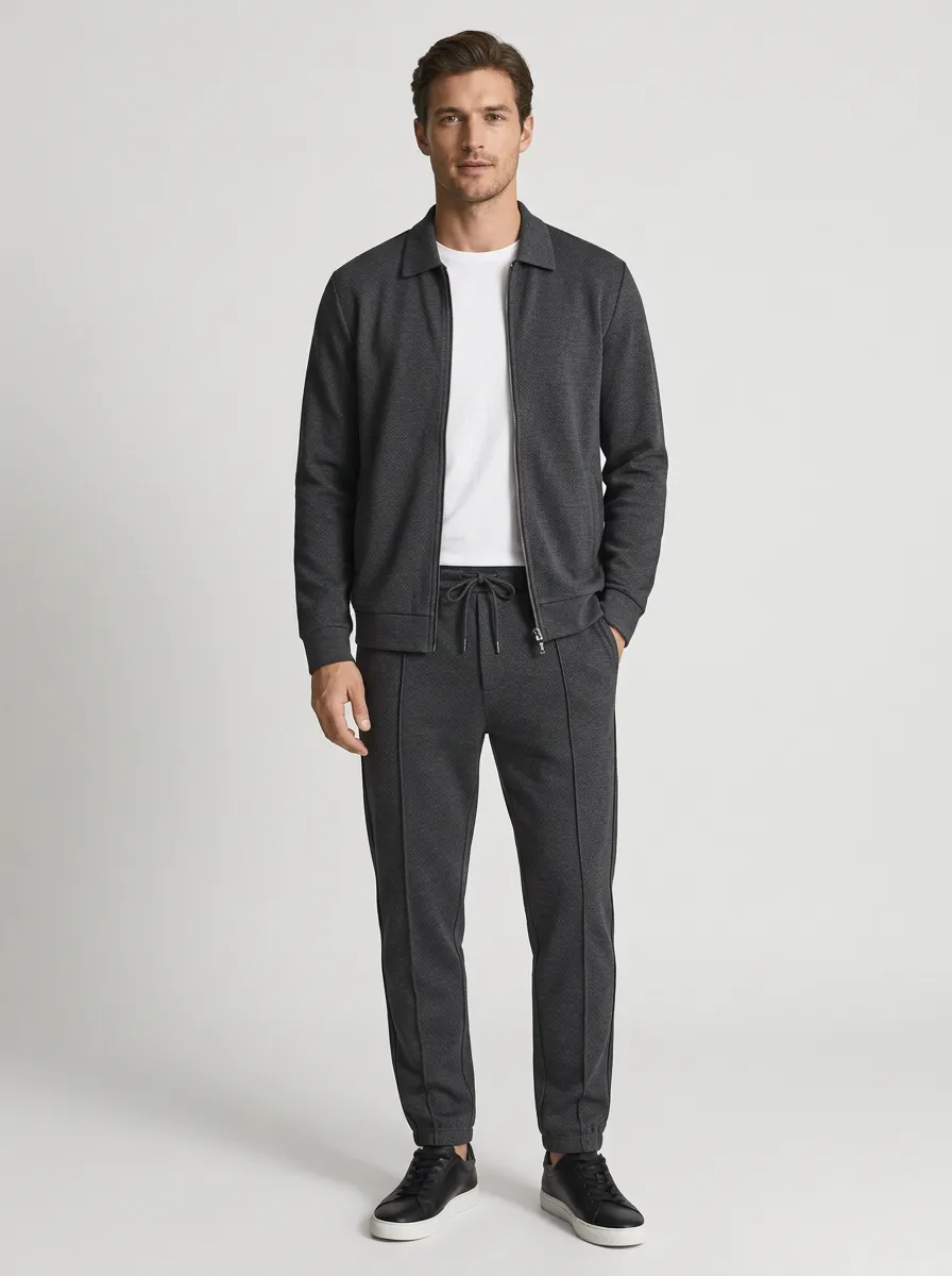 Men's Textured Zip-Up Minimal Polo Collar Jacket and Jogger Pants Set