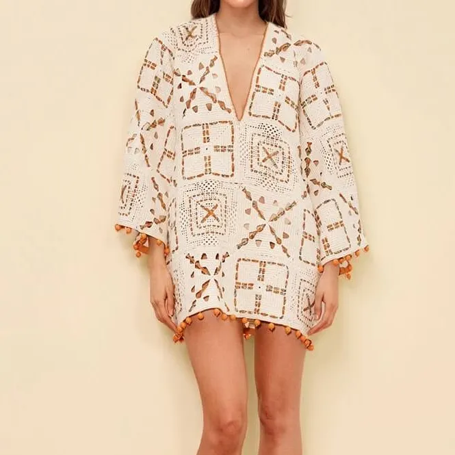 Block Print Neck Crochet Exquisite Mini Dress