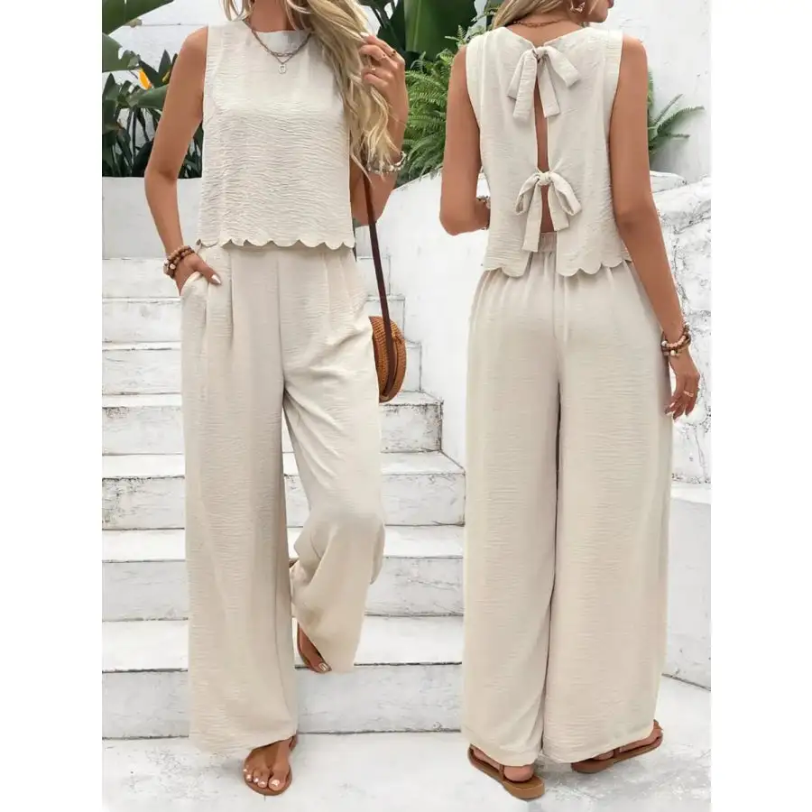 Tie Back Round Neck Top and Pants Set