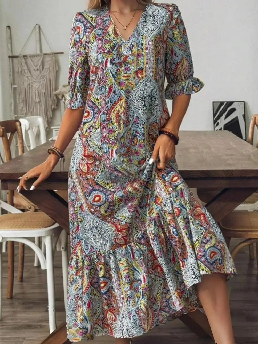 Paisley Print V Neck Midi Dress