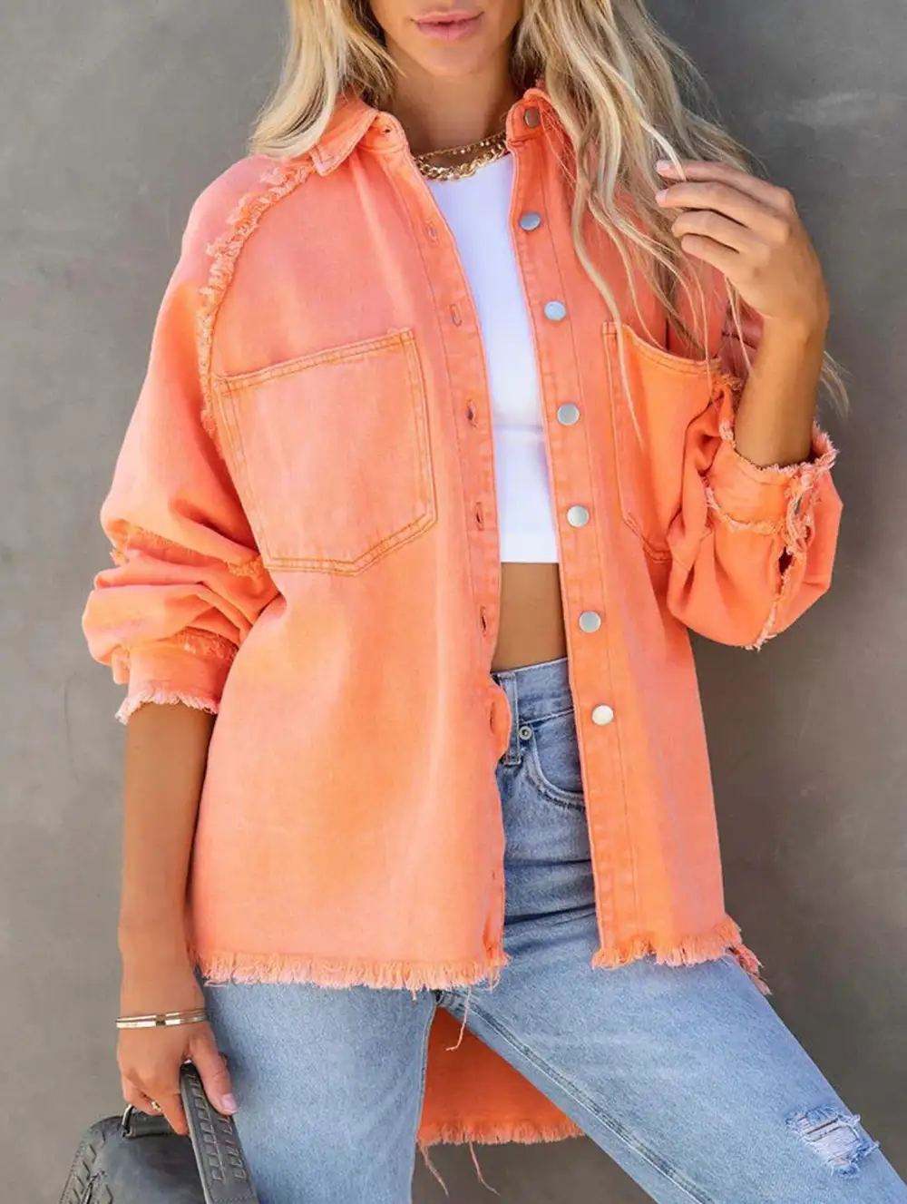 Loose Raw Edge Patchwork Pocket Denim Shirt Jacket