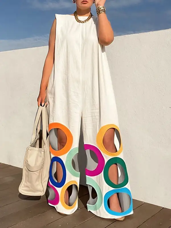 Losse Mouwloze Holle Jumpsuits Met Contrasterende Kleuren