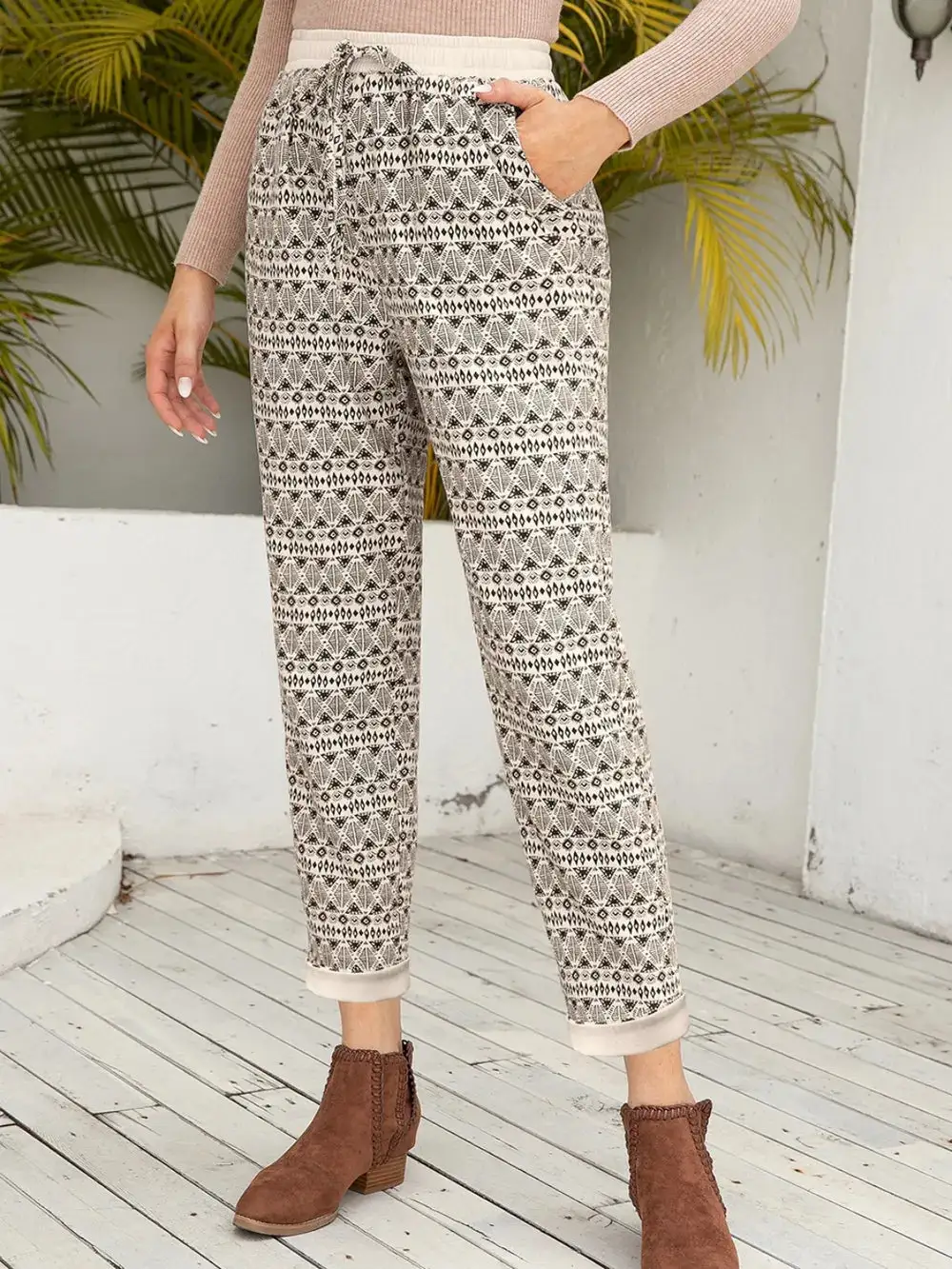 Textured Tie Waist Tie Detail Pants