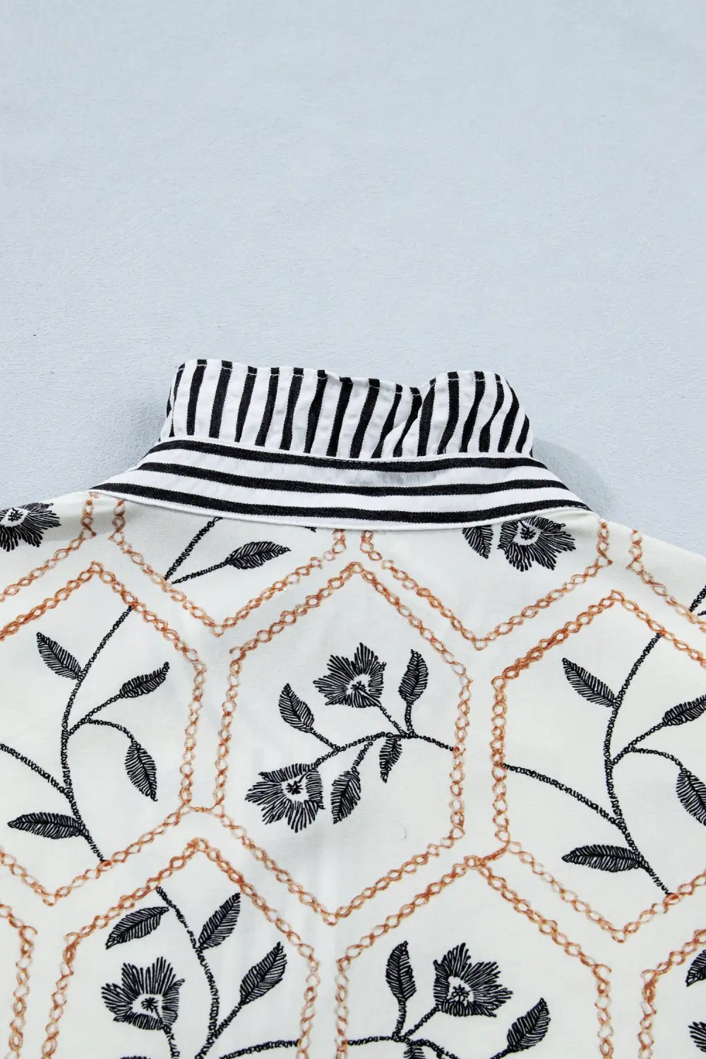 White Floral Print Striped Patchwork Button Neck Short Sleeve Blouse