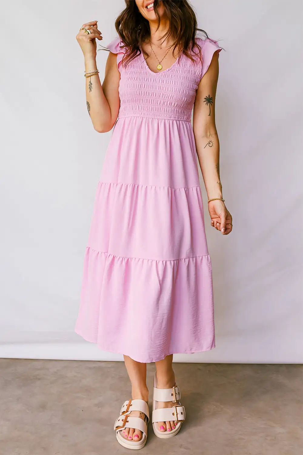 Tiered Smocked Flutter Sleeve Midi Dress