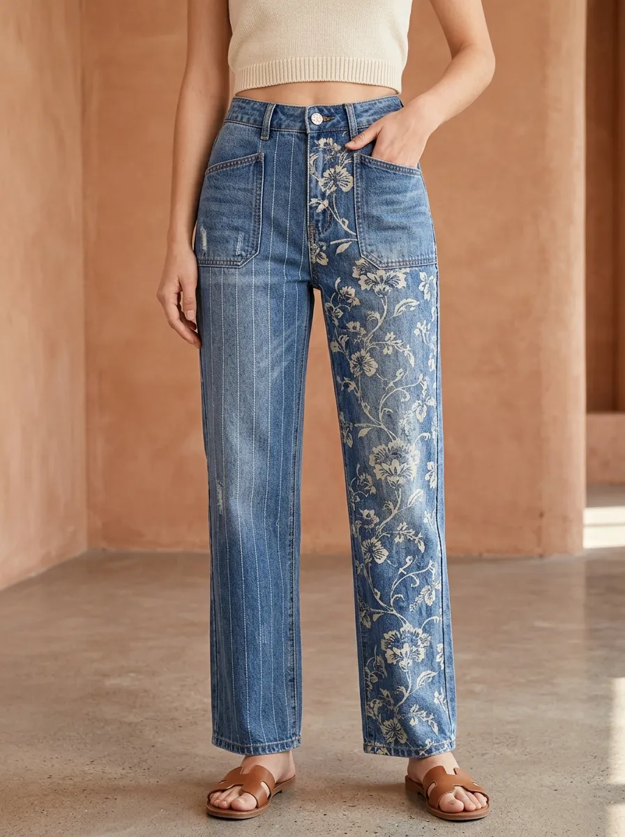 Women's Floral Pinstripe Mixed Pattern Printed Jeans
