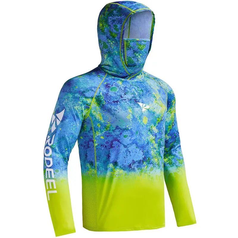 Men UPF 50+ UV Sun Hoodie Shirts with Mask Neck Gaiter  Protection Raglan Long Sleeve Lightweight Quick Dry Moisture Wicking Breathable Cooling Athletic Activewear