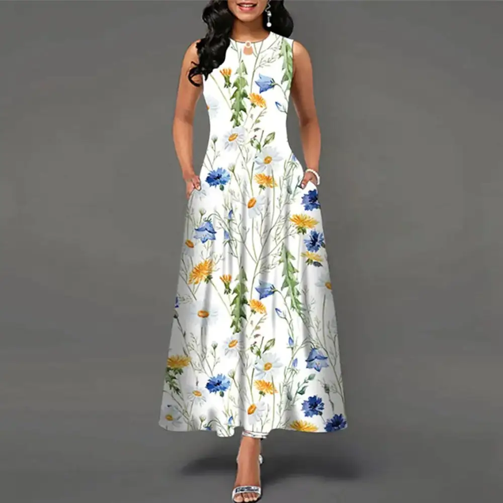 Multi-Colored Floral Print White Sleeveless Maxi Dress
