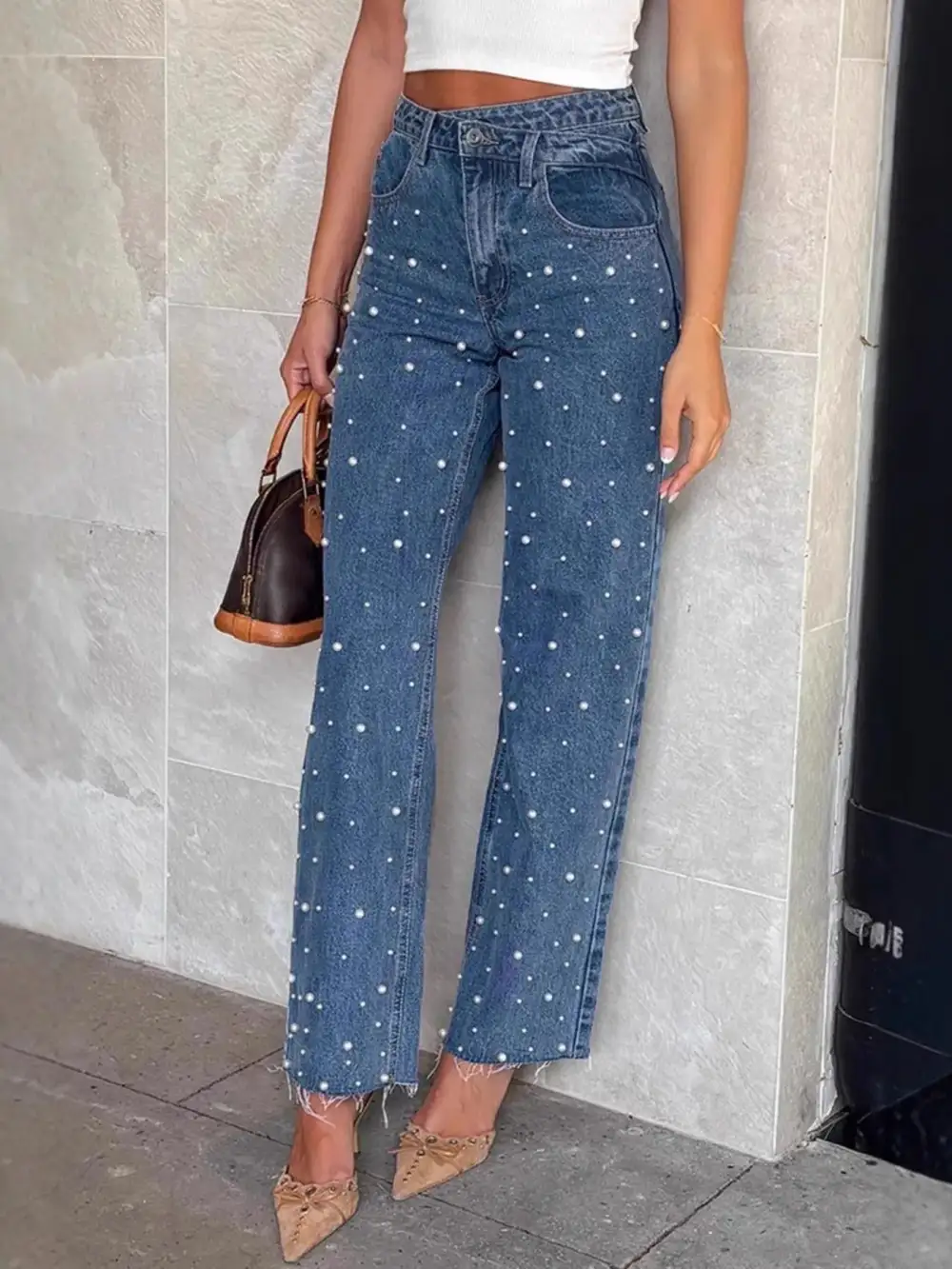 Pearl Embellished High Waist Straight Leg Denim Jeans