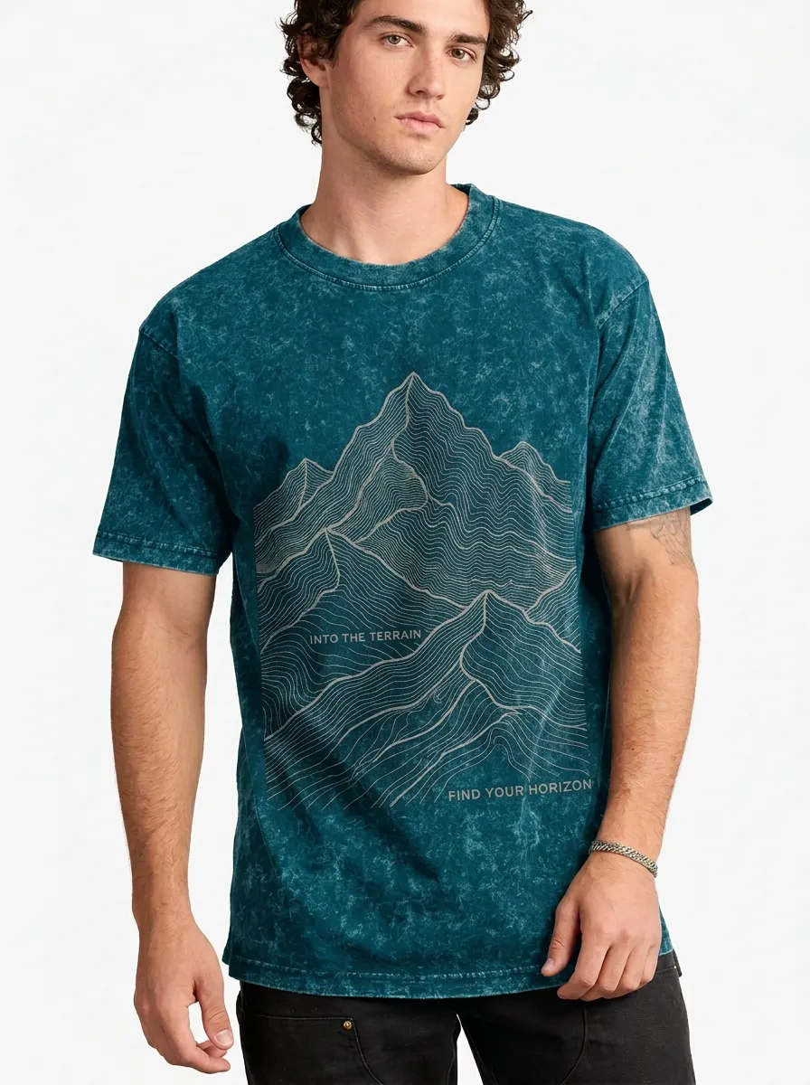 Men's Acid Wash Backcountry Trek Outdoor Adventure Mountain Topographic Graphic T-Shirt