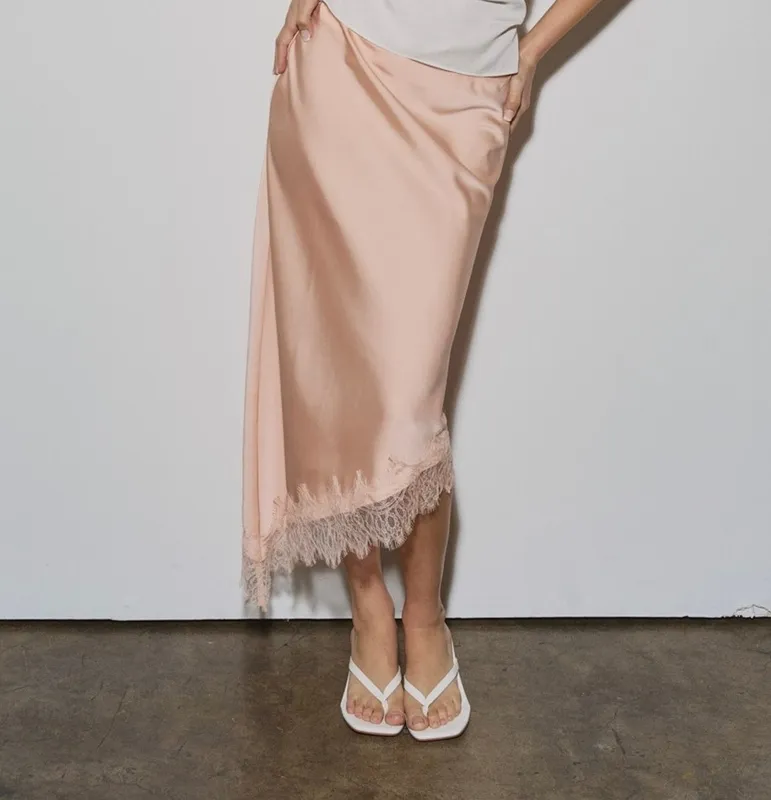 Asymmetrical Satin Lace Midi Skirt