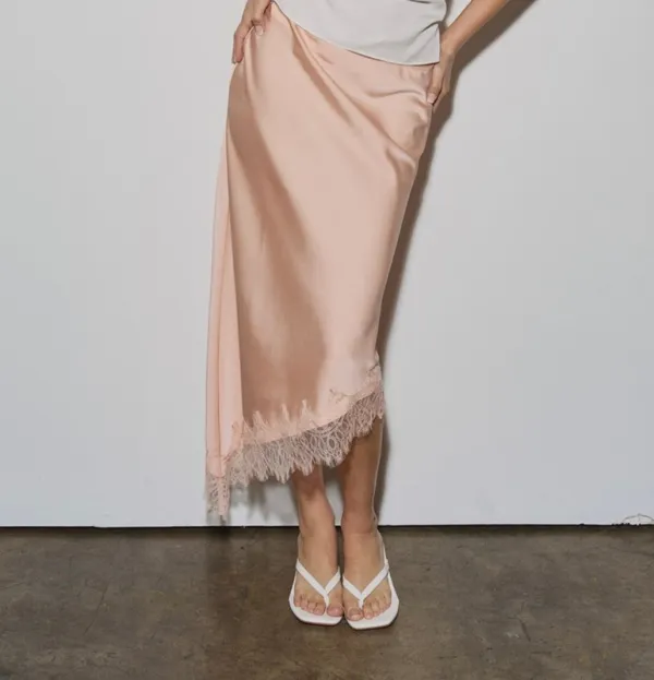 Asymmetrical Satin Lace Midi Skirt