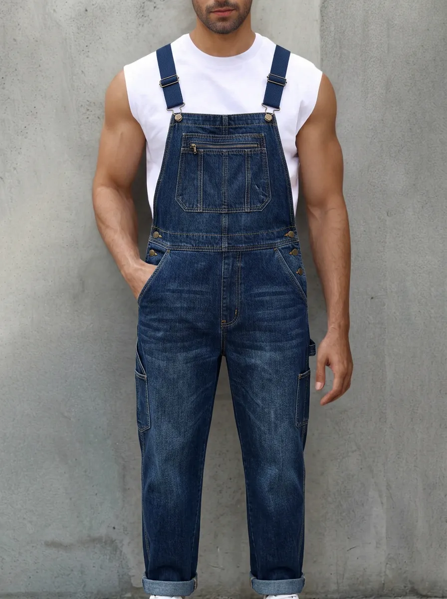 Men's Casual Vintage Denim Washed Bib Overalls