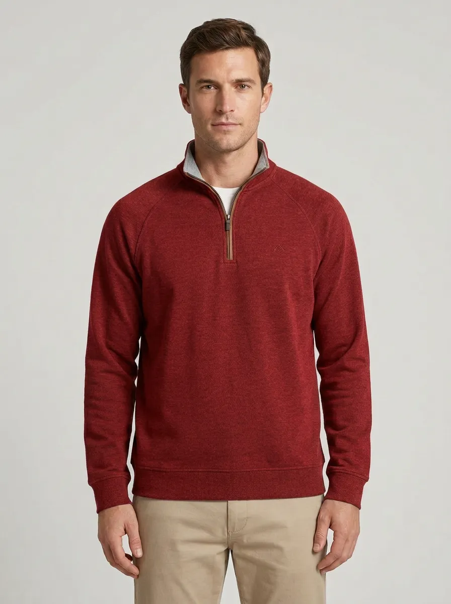 Men's Modern Minimalist Contrast-Trim Textured Raglan Embroidered Emblem Quarter-Zip Sweatshirt