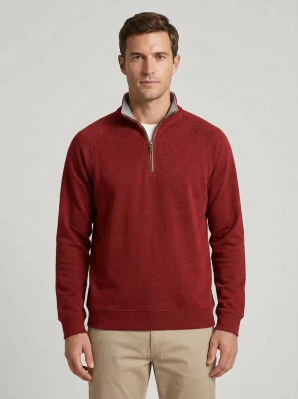 Men's Modern Minimalist Contrast-Trim Textured Raglan Embroidered Emblem Quarter-Zip Sweatshirt