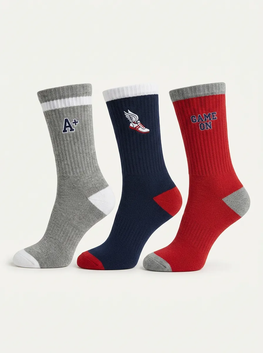Unisex Relaxed Wing Three-Pair Embroidered Crew Socks