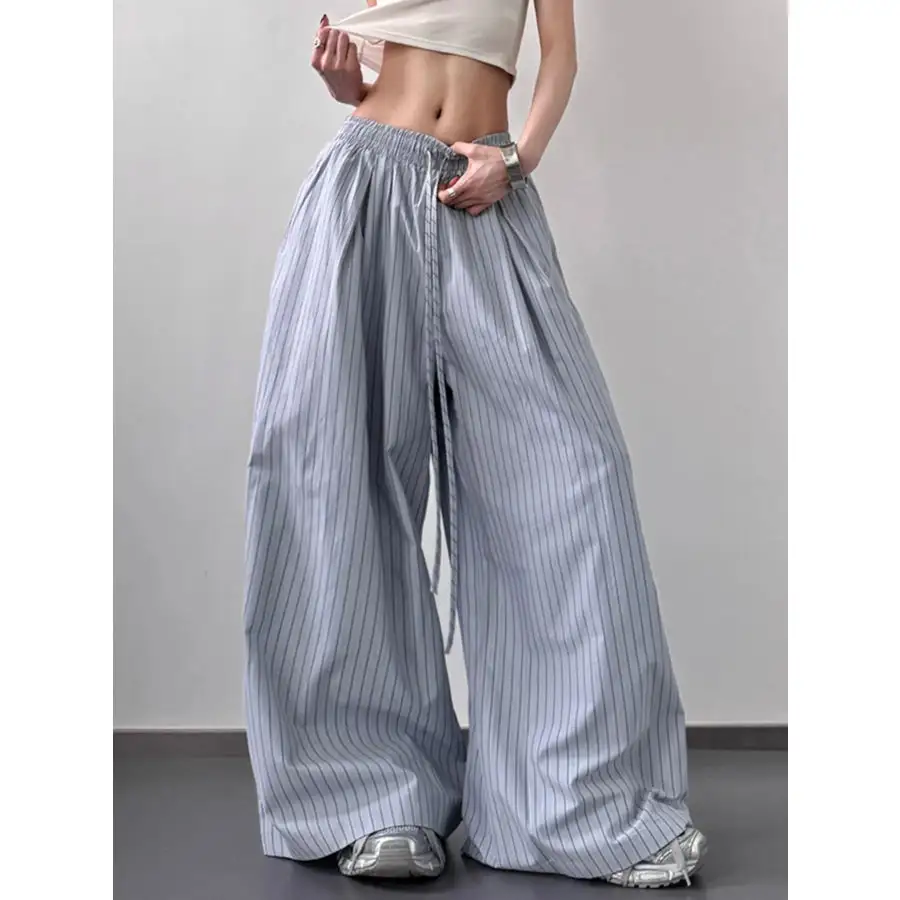 Soft Striped Wide Leg Drawstring Pants