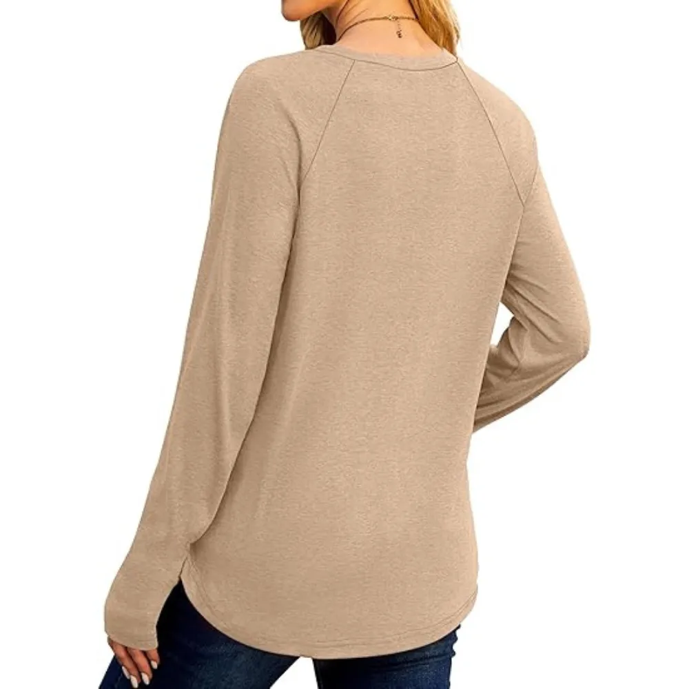 Womens Tunic Tops to Wear with Leggings Long Sleeve Thumb Hole Shirts Crew Neck Curved Hem