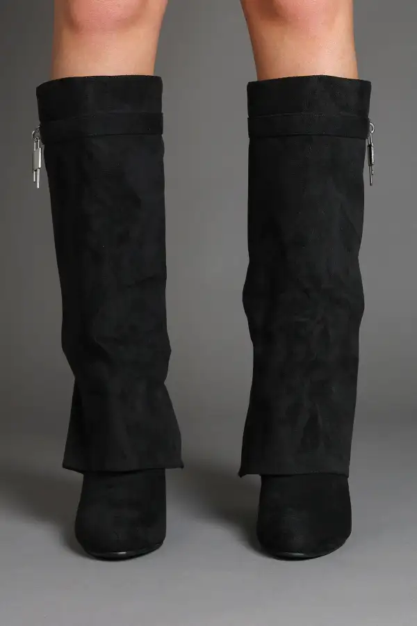 Fold-Over Padlock Detail Wedge Faux Suede Knee High Boots
