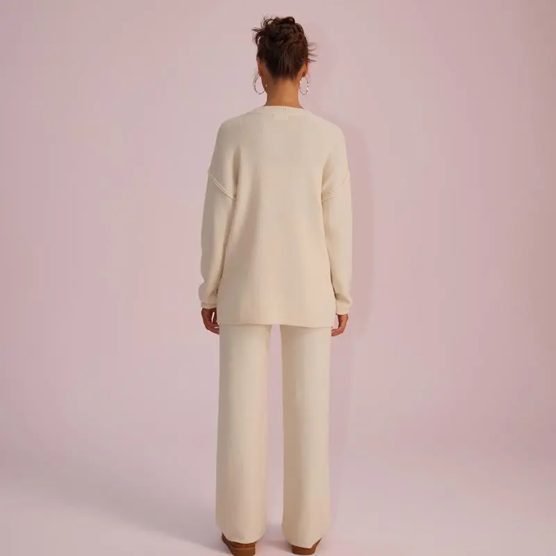 Women's Waffle Knit Loungewear Set Cozy Button Front Top & Wide Leg Pants