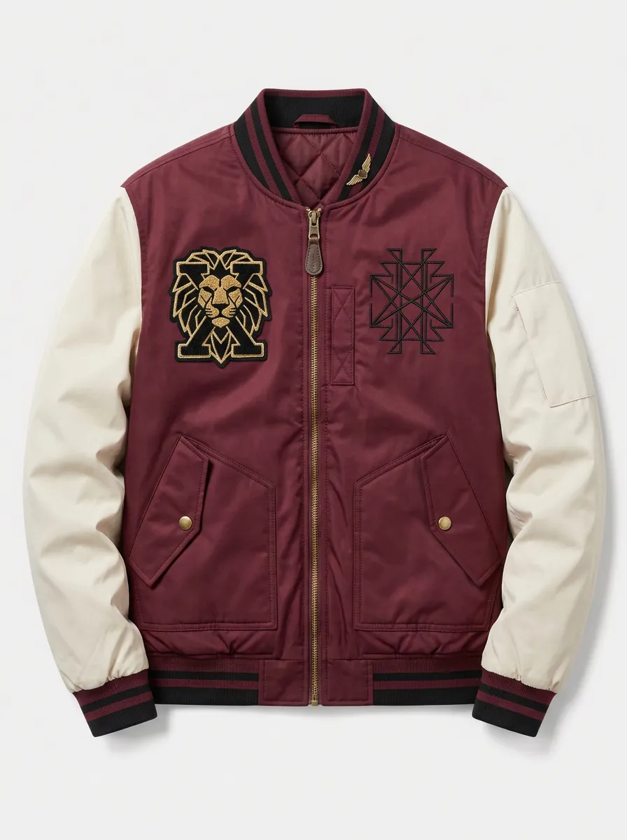 Men's Lion Head Geometric Emblem Embroidered Varsity Bomber Jacket