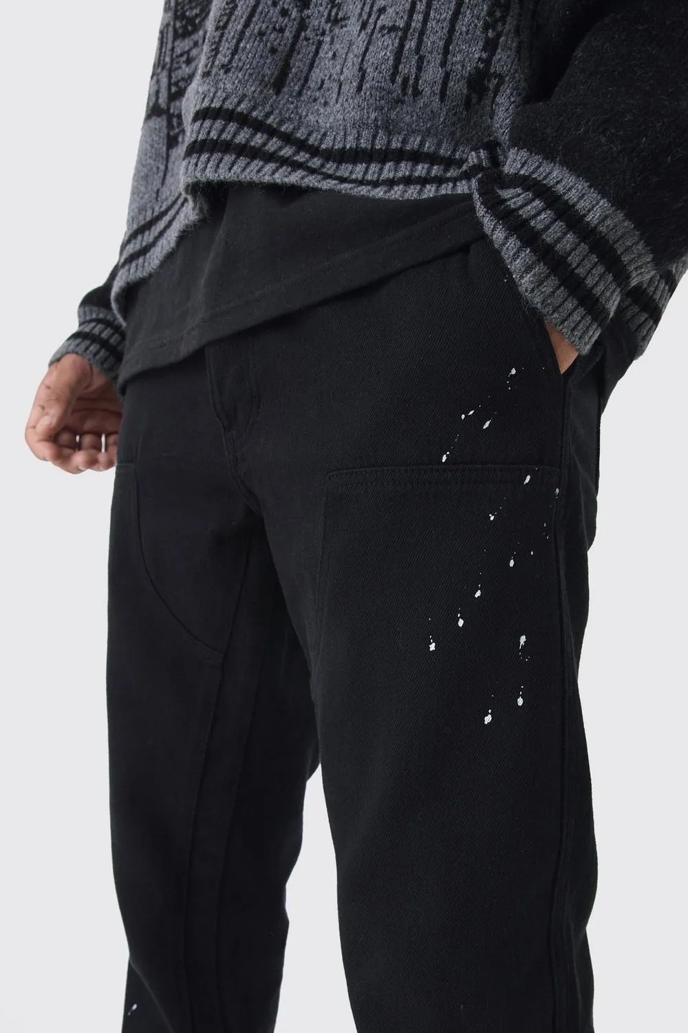 Black Relaxed Flared Carpenter Paint Splatter Pants Daily Casual Style