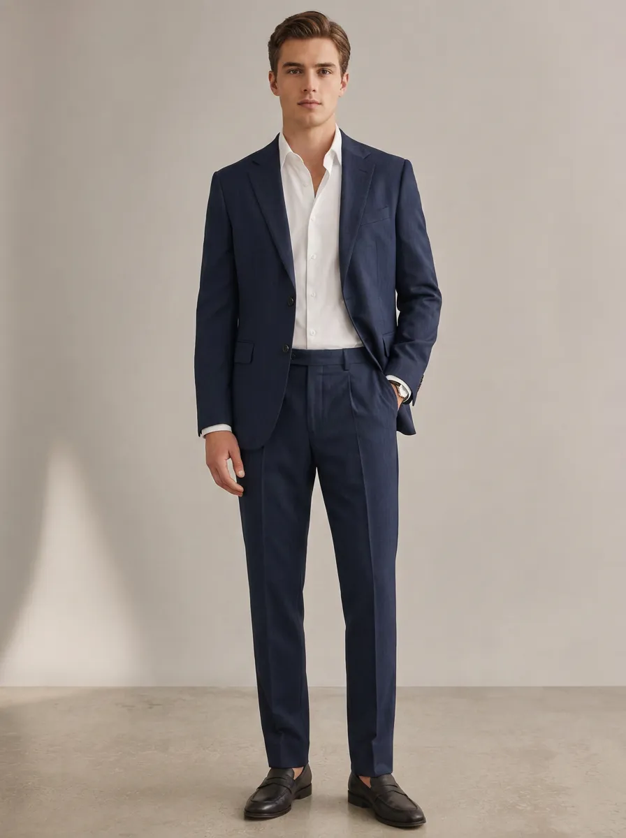 Men's Structured Fit Business Formal Navy Blue Solid Color Tailored Suit
