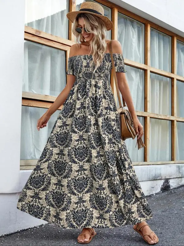 Women'S Frenchy Style Split Thigh A Line Vintage Shortsleeve Dress,