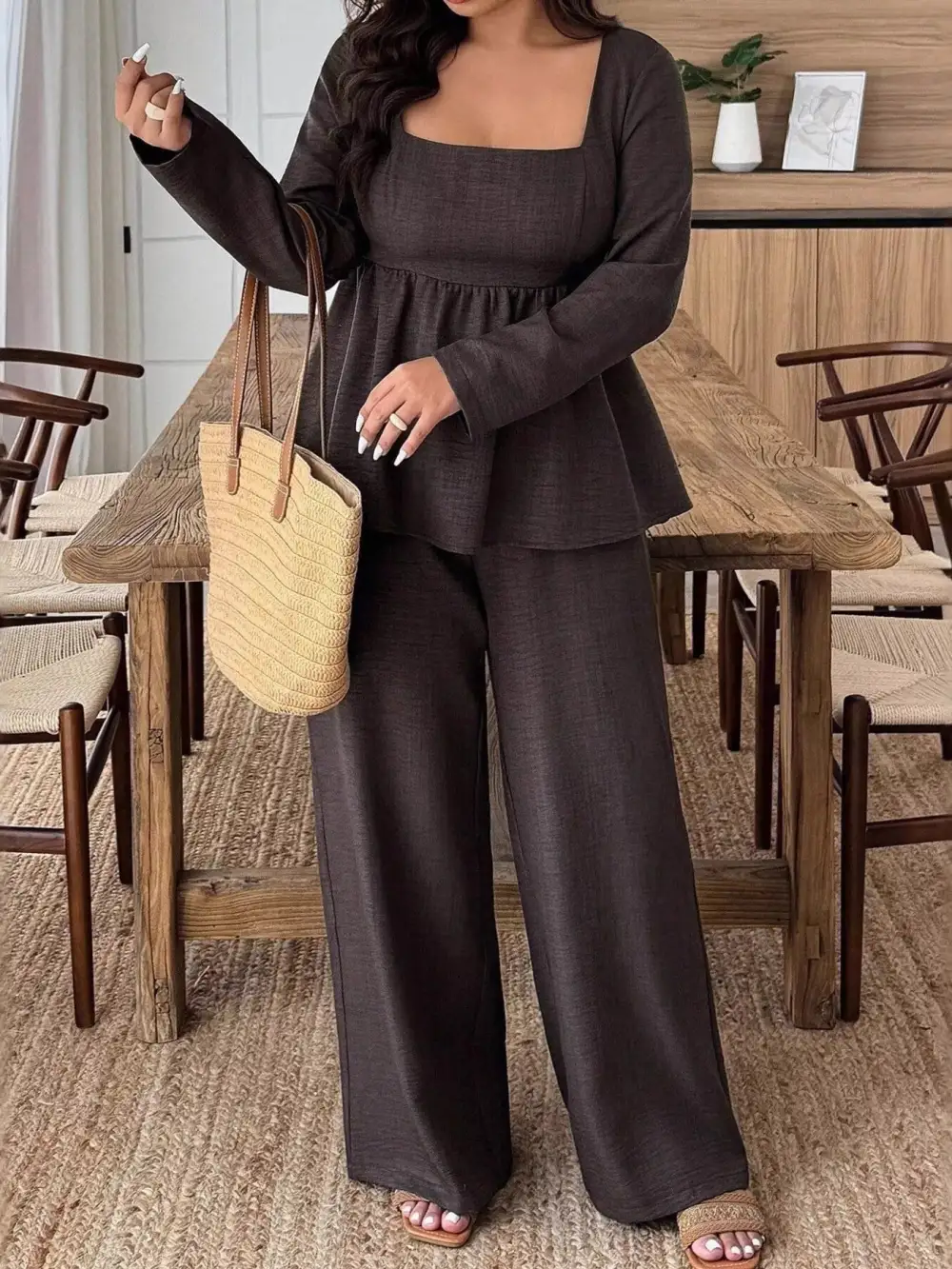 Plus Size Square Neck Long Sleeve Top and Pants Two Piece Set