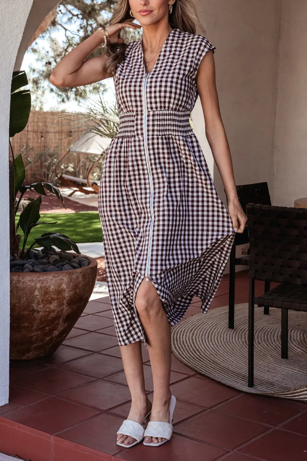 Plaid Printed Zip Front Maxi Dress