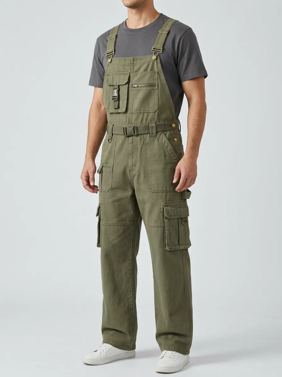 Men's Tactical Utility Olive Green Multi-Pocket Cargo Overalls