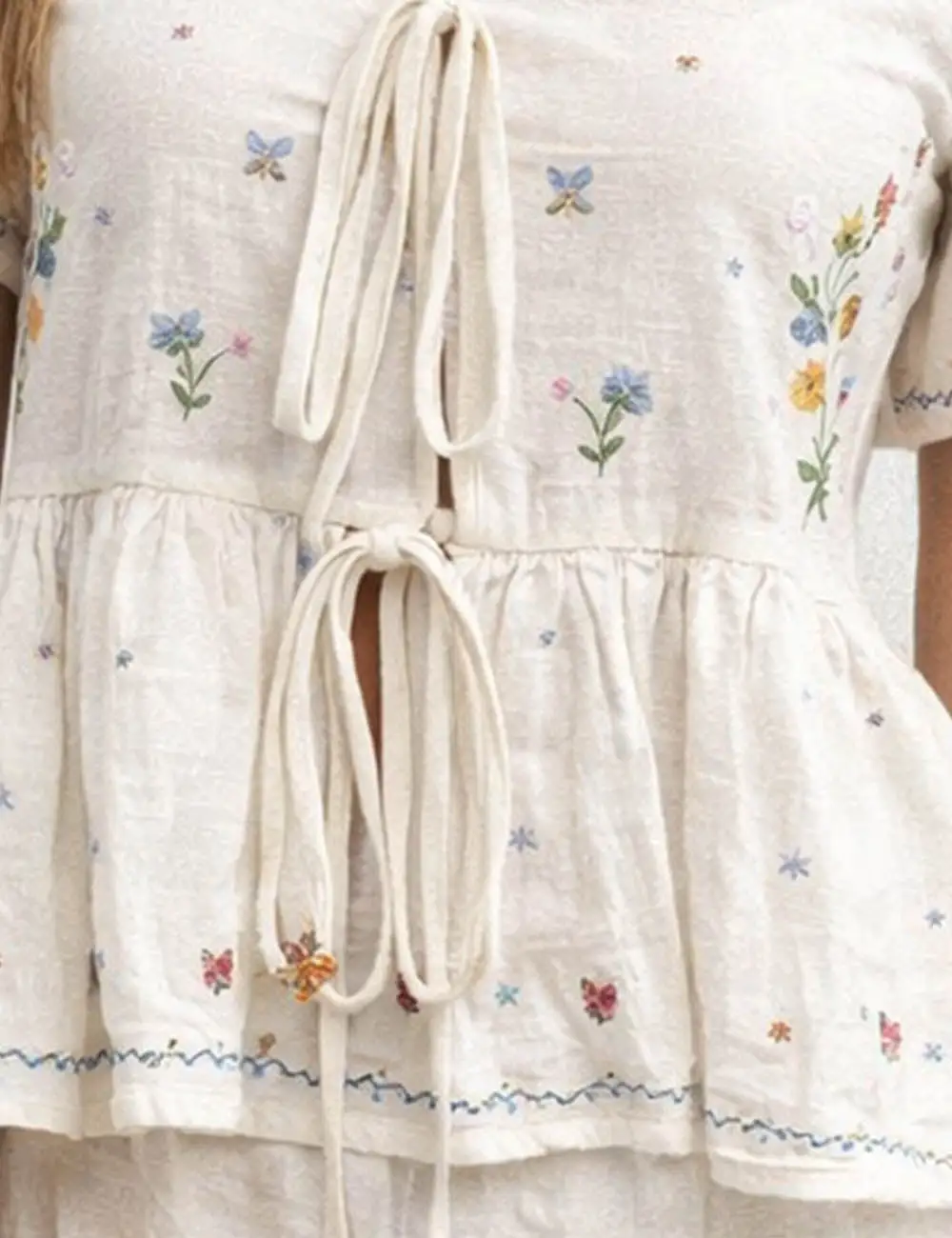 Boho Embroidery Short Sleeves Blouse Skirt Set