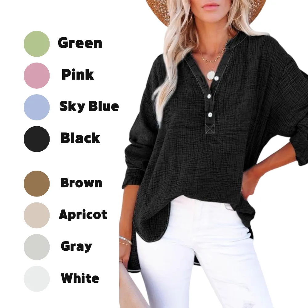 Women's Casual Button V Neck Long Sleeve Shirts Oversized Solid Blouses Tops 100% Cotton