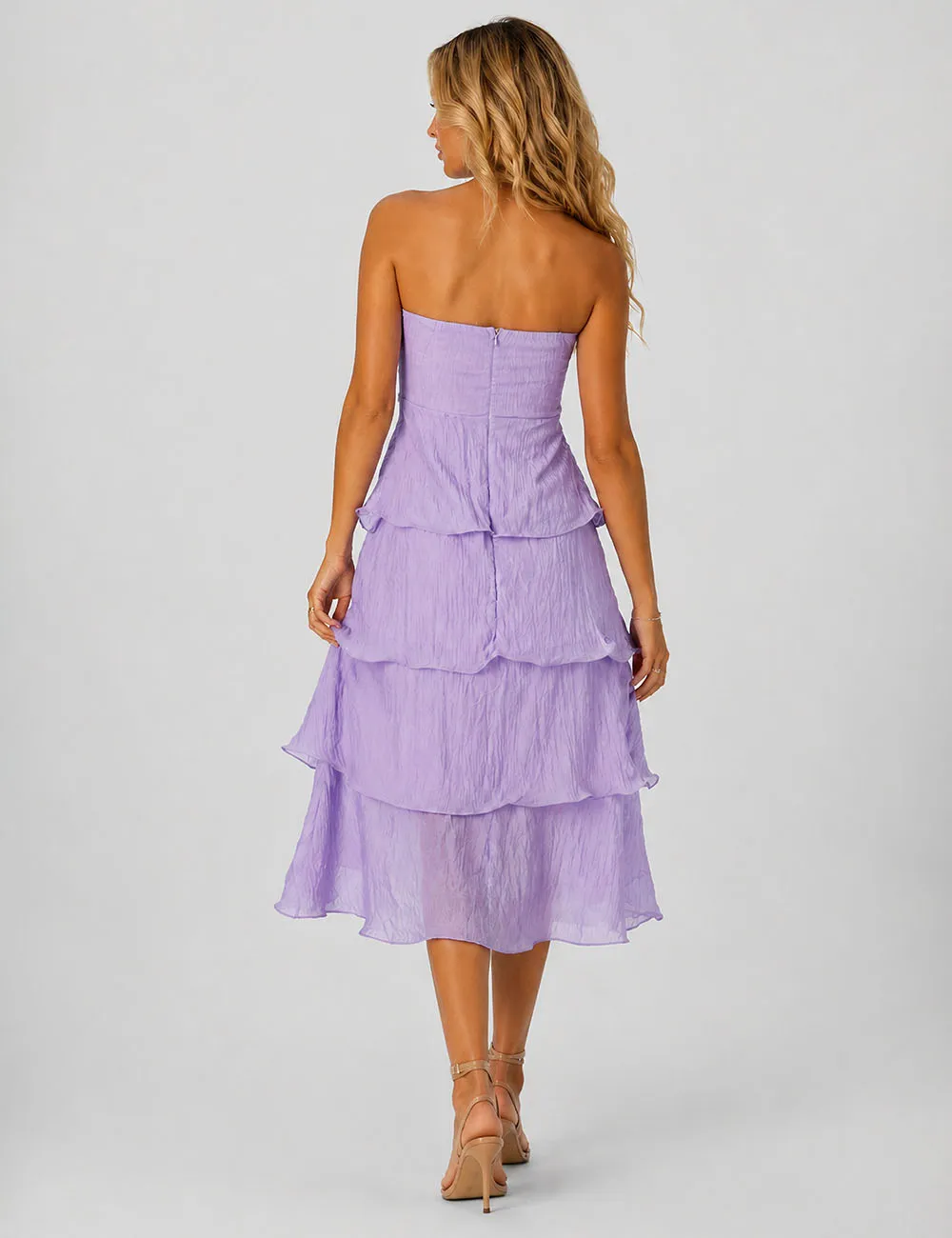 Chic Crinkle Strapless Tiered Ruffle Tube Midi Dress