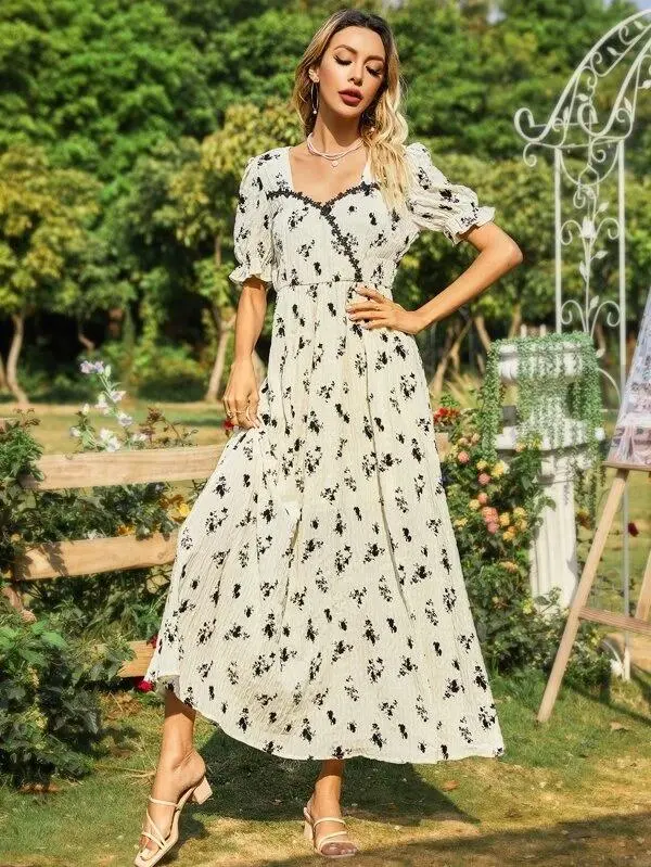 Women Sweetheart Flounce Sleeve Floral Dress