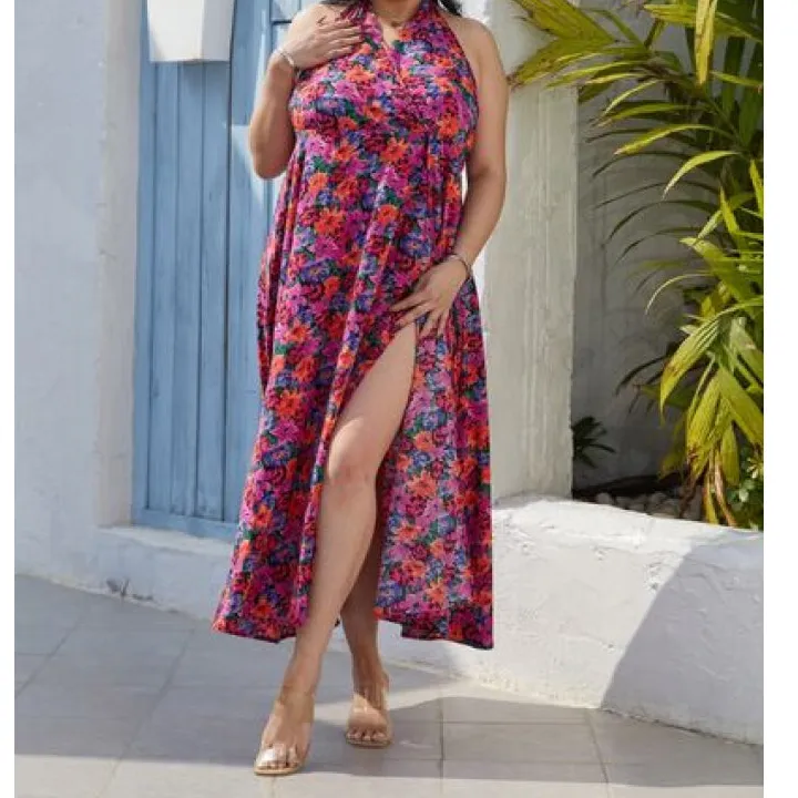 Plus Size Slit Floral Halter Neck Dress