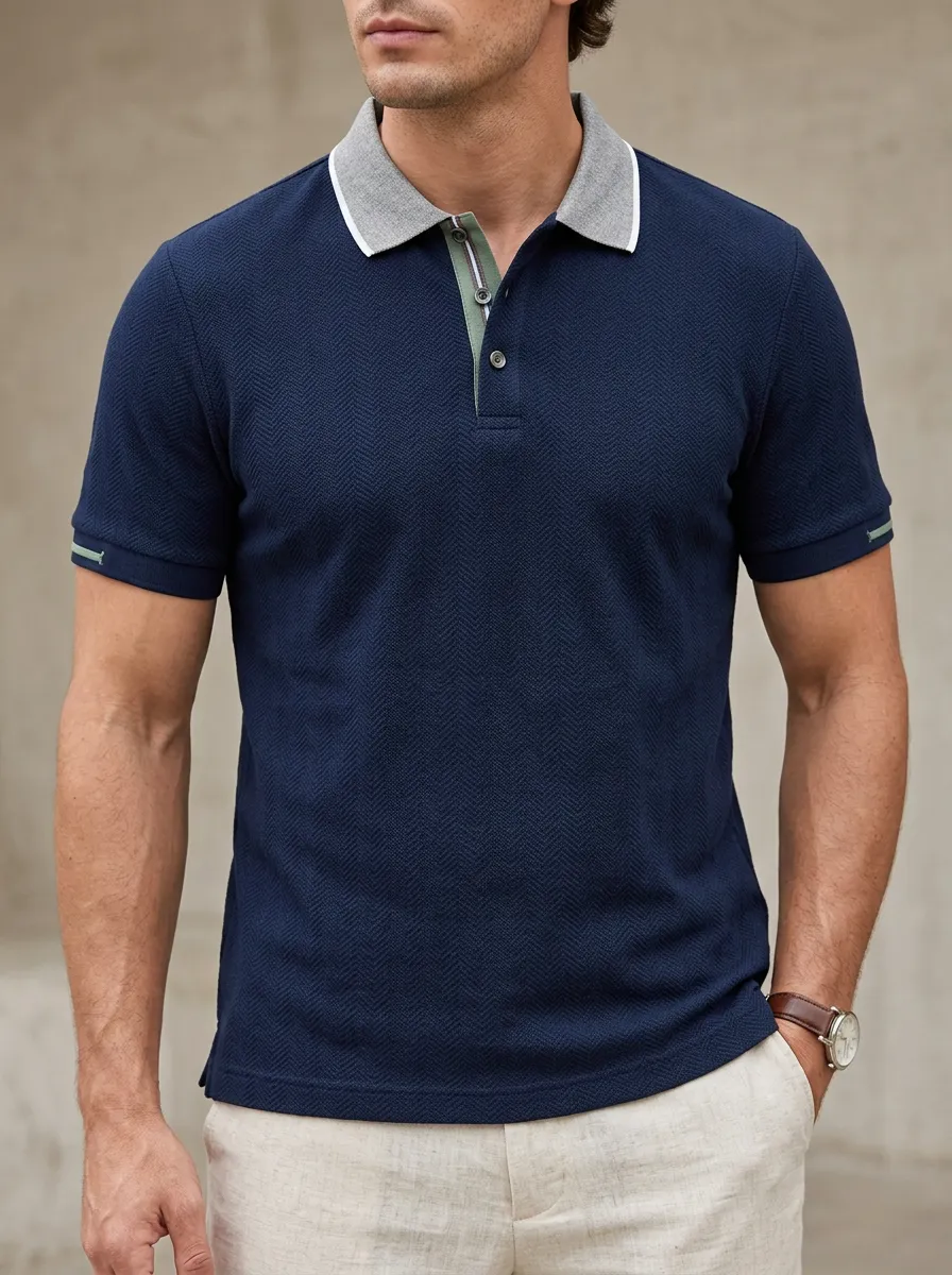 Men's Herringbone Texture Contrast-Collar Pattern Polo Shirt