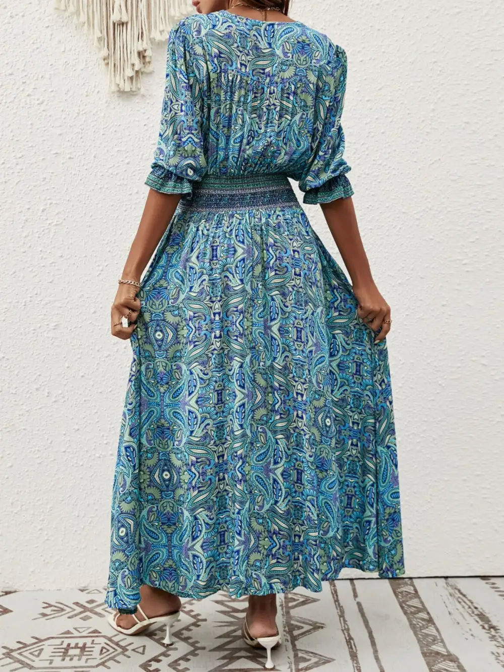 Paisley Half Sleeve Slit Midi Dress