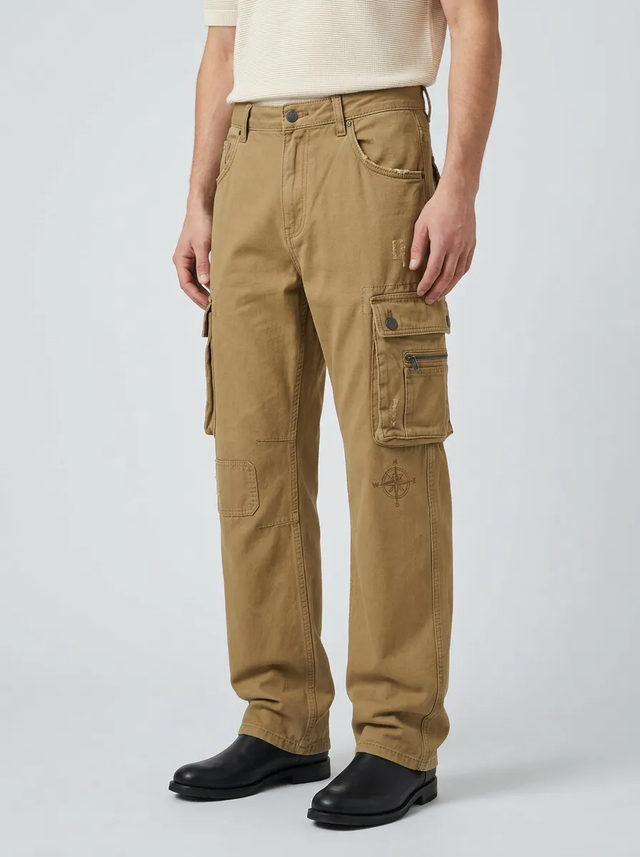 Men's Mid-Blue Utility Compass Detail Straight-Leg Cargo Jeans